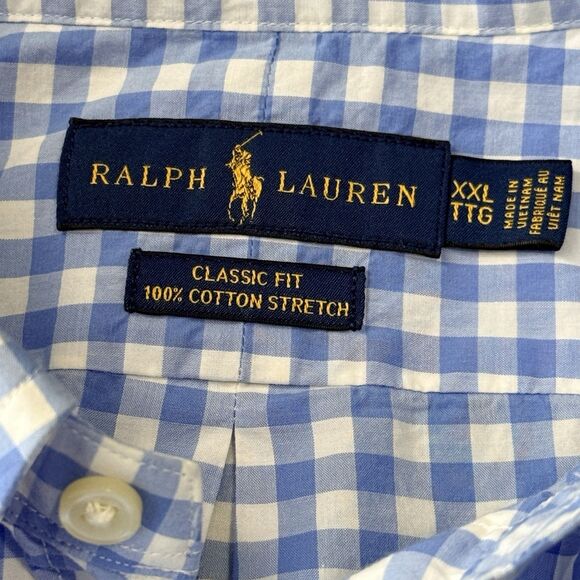 Ralph Lauren Mens Classic Fit Blue Gingham Long Sleeve Shirt XXL 100% Stretch - Picture 2 of 11